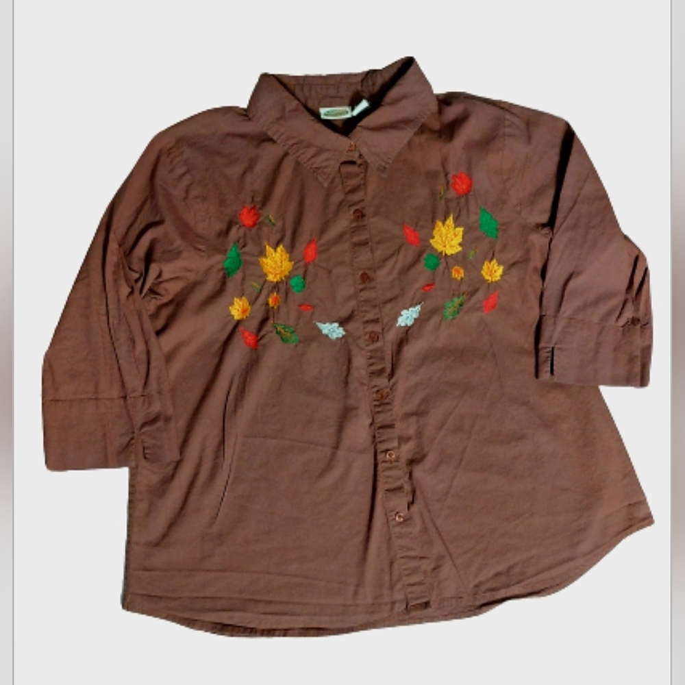 Brown Vtg Collections Etc Embroidered Fall Leaves Button Down 3/4 Sleeve